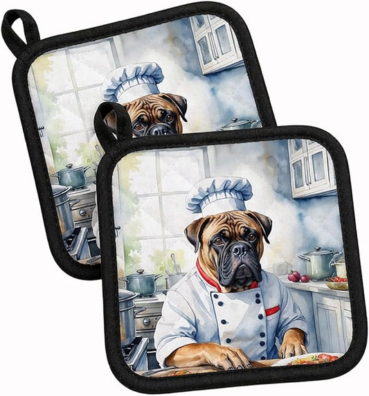 Caroline's Treasures Bullmastiff The Chef Pair of Pot Holders Kitchen Heat Resistant Pot Holders Sets Oven Hot Pads for Cooking Baking BBQ, 7 1/2 x 7 1/2