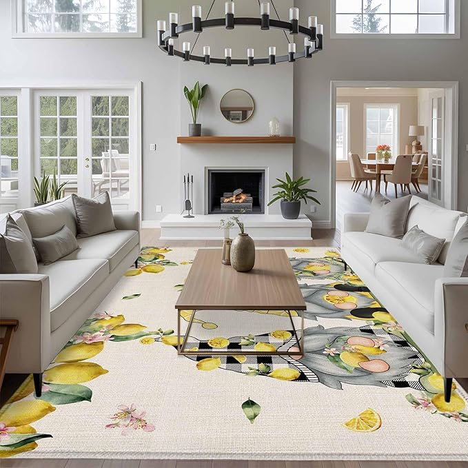 Area Rug 6x9ft, Summer Gnome with Lemon Washable Rugs for Living Room Bedroom, Farmhouse Dwarf Fruit on Linen Soft Non-Slip Area Rugs Rectangle Floor Carpet for Dining Room