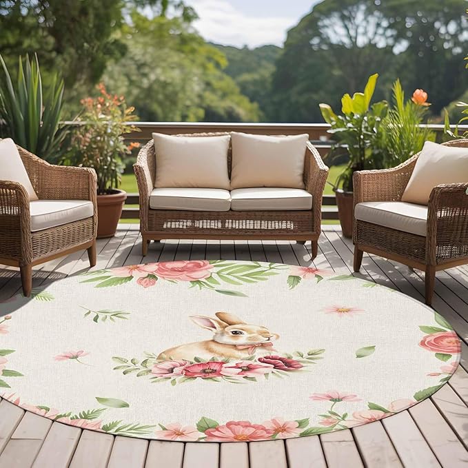 Washable Round Area Rug Retro Easter Rabbit on Linen Circle Rugs Floor Carpet for Living Room Bedroom, Spring Pastoral Pink Flower Leaf Soft Non Slip Round Rug 5ft