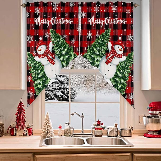 Christmas Tree Snowman Swag Valance Curains Winter Snowflakes Red Buffalo Plaid Rod Pocket Kitchen Curtains Scalloped Window Treatment Valances Swag for Living Room Bedroom, 1 Pair, 36"W x 45"L