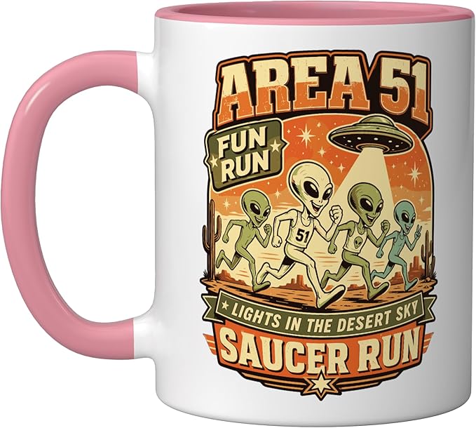 Area 51 Fun Run Saucer Run Alien Ceramic Mug, Pink/White