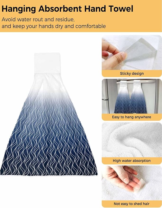Alandar Home Kitchen Tie Towel Set of 1, Abstract Stripe Blue Gradient Absorbent Soft Hand Towels for Bathroom Hanging Towels, Modern Morocco Wave Line Fast Drying Cleaning Cloth with Loop
