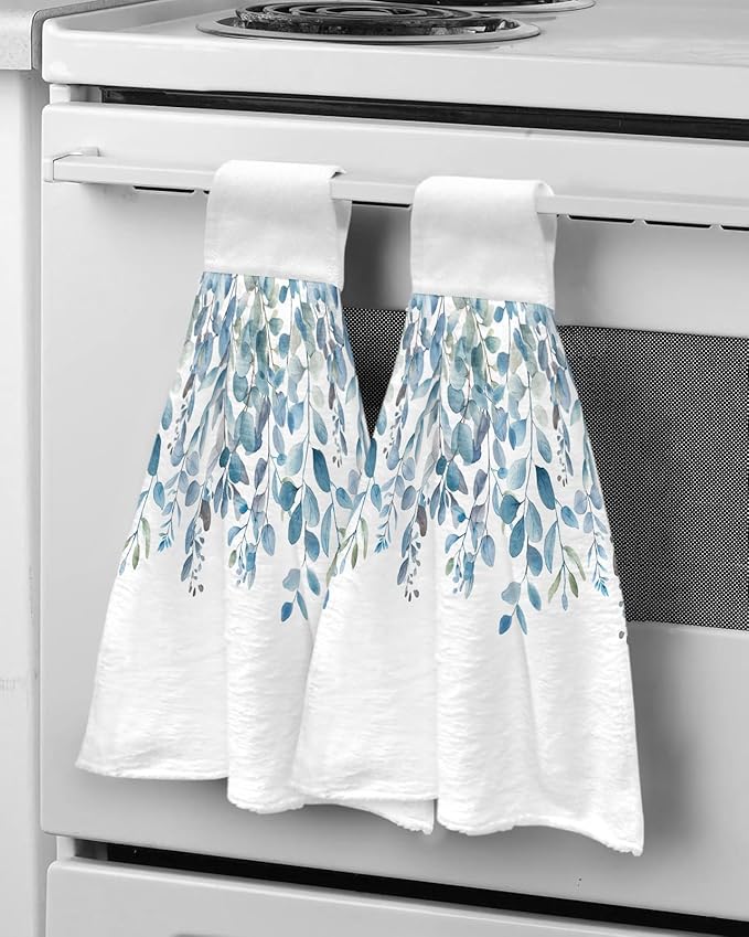 Alandar Home Kitchen Tie Towel Set of 1, Pastoral Blue Eucalyptus Leaves Absorbent Soft Hand Towels for Bathroom Hanging Towels, Idyllic Botanical on White Fast Drying Cleaning Cloth with Loop