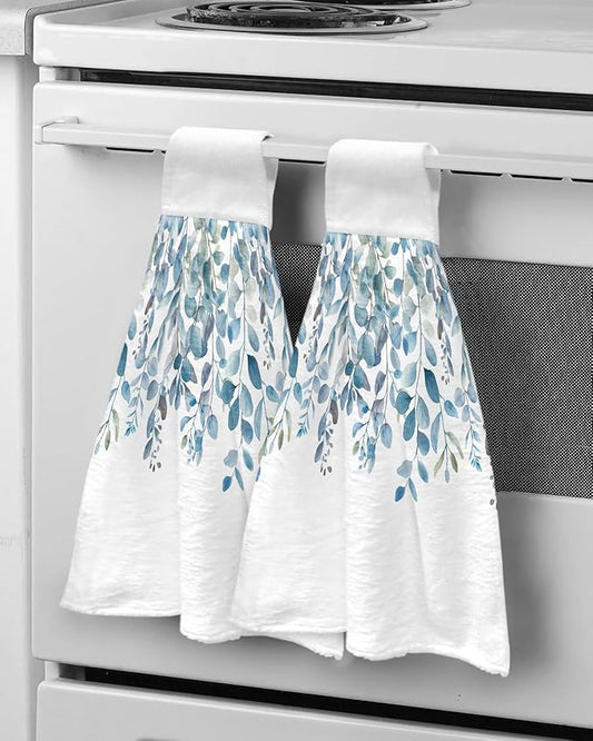 Alandar Home Kitchen Tie Towel Set of 2, Pastoral Blue Eucalyptus Leaves Absorbent Soft Hand Towels for Bathroom Hanging Towels, Idyllic Botanical on White Fast Drying Cleaning Cloth with Loop