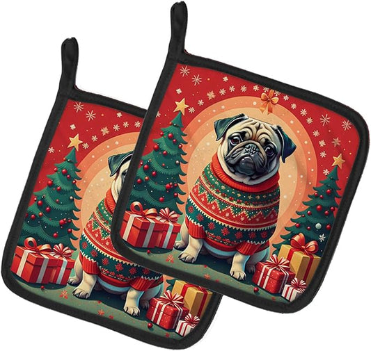 Caroline's Treasures Fawn Pug Christmas Pair of Pot Holders Kitchen Heat Resistant Pot Holders Sets Oven Hot Pads for Cooking Baking BBQ, 7 1/2 x 7 1/2