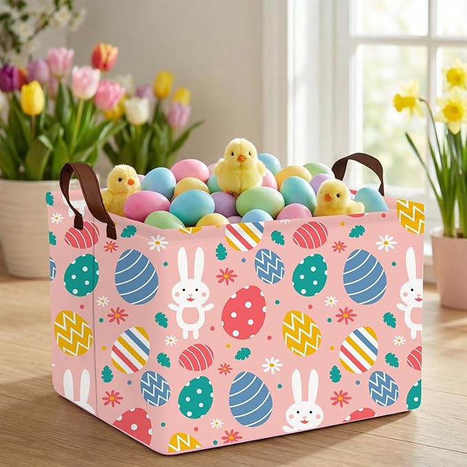 Kid Large Empty Easter Basket Gift Personalized Fabric Bunny Easter Basket for Boy and Girl Room Decor Storage Bin (Rabbit Easter Egg Pink Flower)