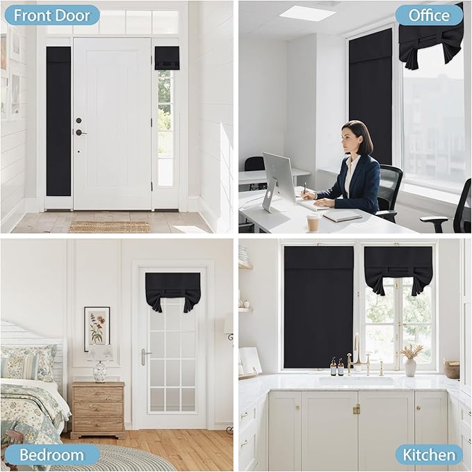 RYB HOME Blackout French Door Curtain - Privacy Thermal Insulated Window Shades for Patio Kitchen Front Entry Back Door Glass Window, Self Adhesive No Drill, 1 Panel, 26" W x 72" L, Black