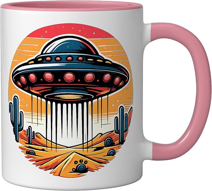 Retro UFO Desert Abduction Scene | Vintage Sci-Fi Ceramic Mug, Pink/White