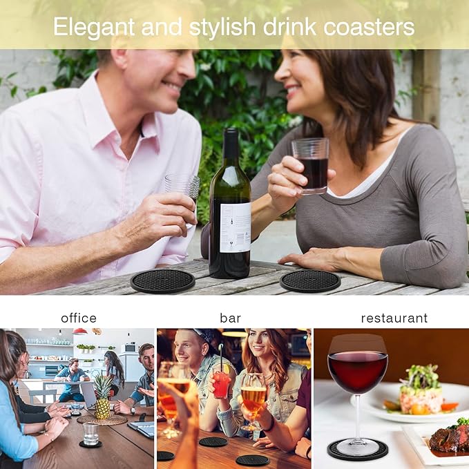 Silicone Coasters for Drinks, Non‑Slip Spill‑Proof Heat Resistant Drink Coasters 2-Piece Set, Reusable Washable Table Protection for Home Decor Kitchen Office, Bar(2Pack,Black)