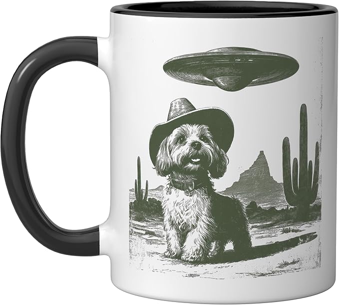 Retro Cowboy Dog UFO Desert Landscape Art Ceramic Mug, Black/White