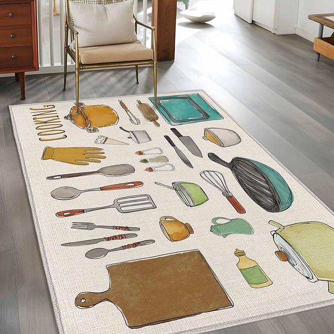 Cooking Kitchenware Kitchen Tool Pattern Rectangle Rugs 4x6ft for Living Room Washable Circle Rug Non-Slip Carpet Soft Mat for Bedroom Dining Room Bathroom Home Holiday Decorations Indoor