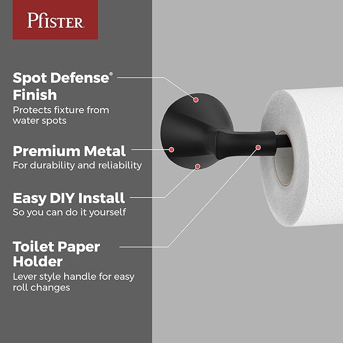 Pfister Willa Toilet Paper Holder, Bathroom Tissue Roll Holder, Wall-Mounted, Screw-in, Matte Black Finish, BPHWLL0B