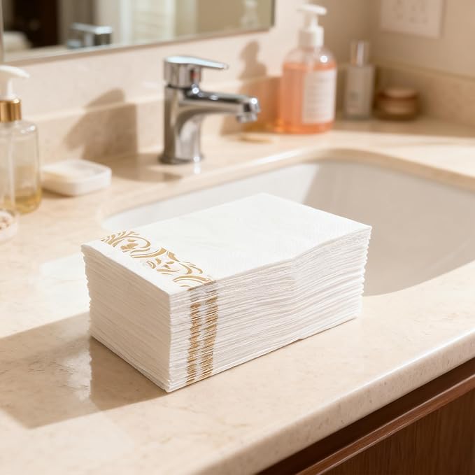 Paper Napkins Disposable Decorative Paper Hand Towels for Bathroom Dinner Napkins Soft Absorbent Bathroom Napkins Guest for Wedding Kitchen Party Birthday Thanksgiving Events, Gold and White, 50 Pack