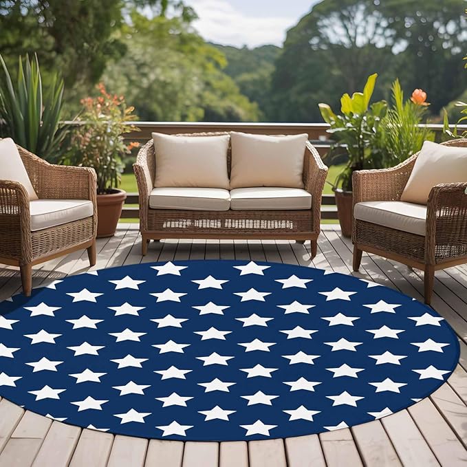 Washable Round Area Rug 4th of July White Star on Navy Blue Circle Rugs Floor Carpet for Living Room Bedroom, Independence Freedom Liberty Soft Non Slip Round Rug 5ft
