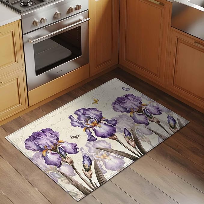 Area Rug 2x3ft, Pastoral Purple Flower Watercolor Washable Rugs for Living Room Bedroom, Country Botanical Butterflies Soft Non-Slip Area Rugs Rectangle Floor Carpet for Dining Room