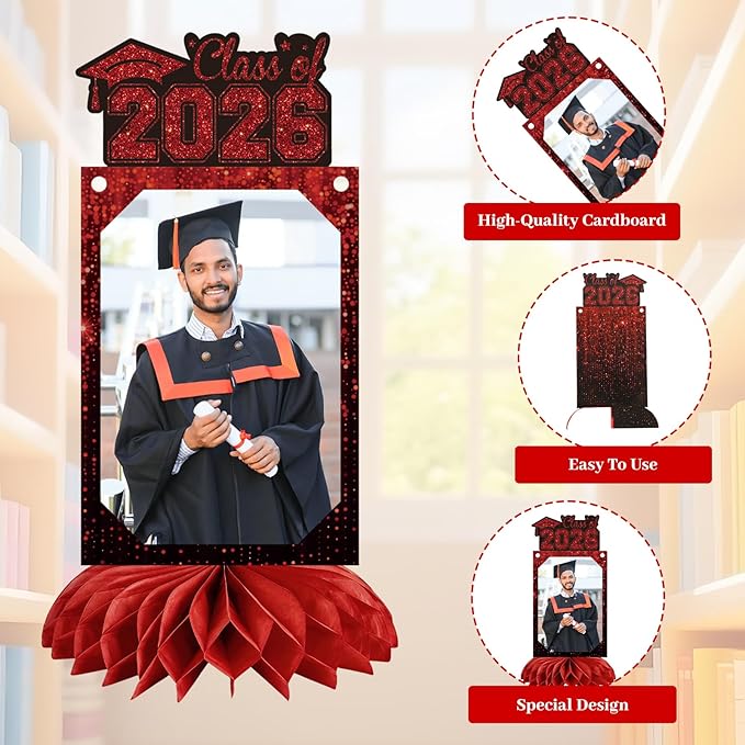 9 PCS Graduation Party Decorations Class of 2026 Honeycomb Centerpieces, Honeycomb Centerpieces for Graduation Photo Toppers Table Decorations. (Grad.Red)