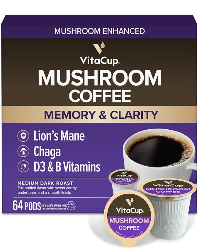 VitaCup Mushroom Coffee Pods, Boost Focus & Immunity w/Lions Mane, Chaga, B Vitamins, D3 for Memory & Clarity, Medium Roast, Single Serve Pod Compatible w/Keurig K-Cup Brewers,64 Ct