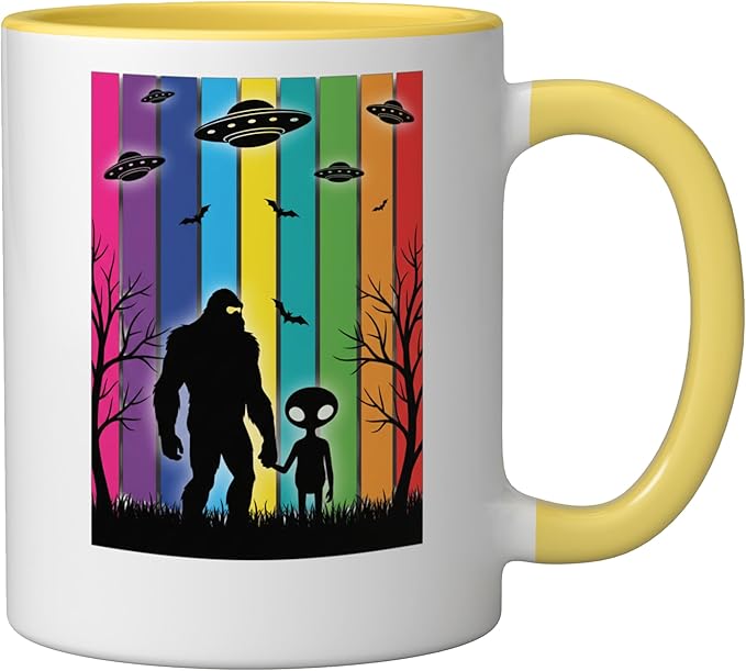Bigfoot Holding Hands With Alien Ufo Rainbow Sci Fi Ceramic Mug, Yellow/White
