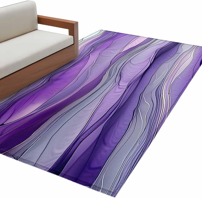 Area Rug 3x5ft, Abstract Art Purple Gray Wave Washable Rugs for Living Room Bedroom, Vintage Marble Texture Soft Non-Slip Area Rugs Rectangle Floor Carpet for Dining Room