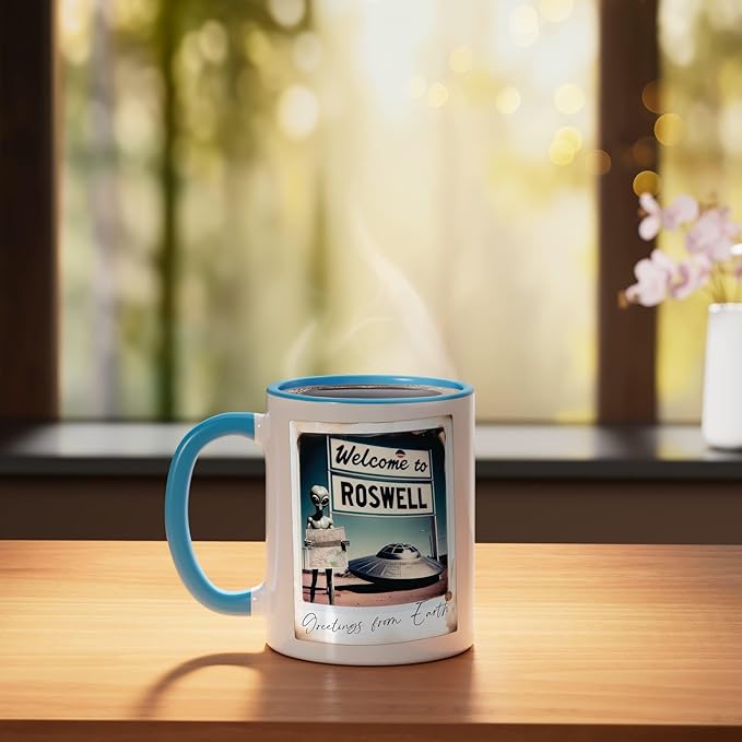Vintage Alien UFO Crash At Roswell 1947 Photo Ceramic Mug, Blue/White