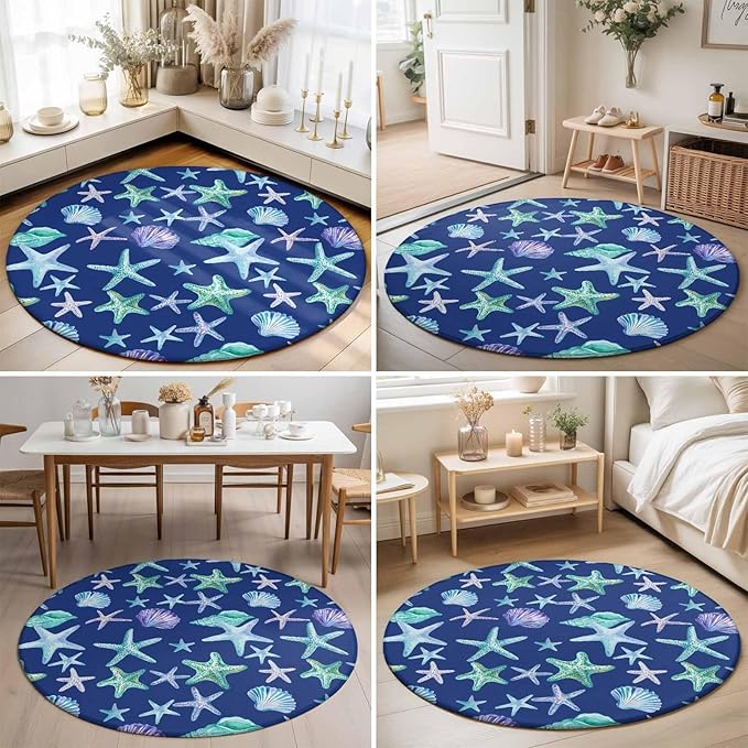 Washable Round Area Rug Summer Starfish Shell Conch Circle Rugs Floor Carpet for Living Room Bedroom, Marine Creature on Blue Soft Non Slip Round Rug 3ft