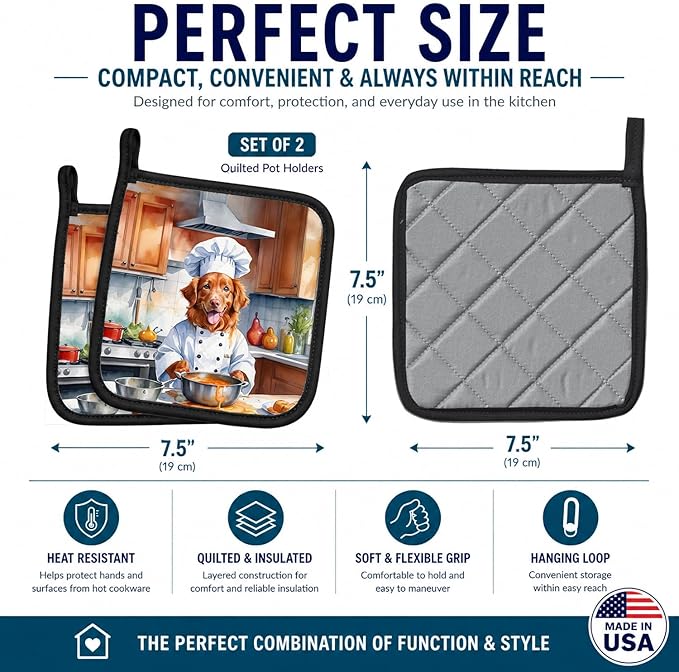 Caroline's Treasures Nova Scotia Duck Tolling Retriever The Chef Pair of Pot Holders Kitchen Heat Resistant Pot Holders Sets Oven Hot Pads for Cooking Baking BBQ, 7 1/2 x 7 1/2