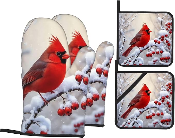 Red Bird Pattern Oven Gloves and Hot Pads Set - Heatproof Hand Protection for Baking, Grilling, Cooking 4Pcs