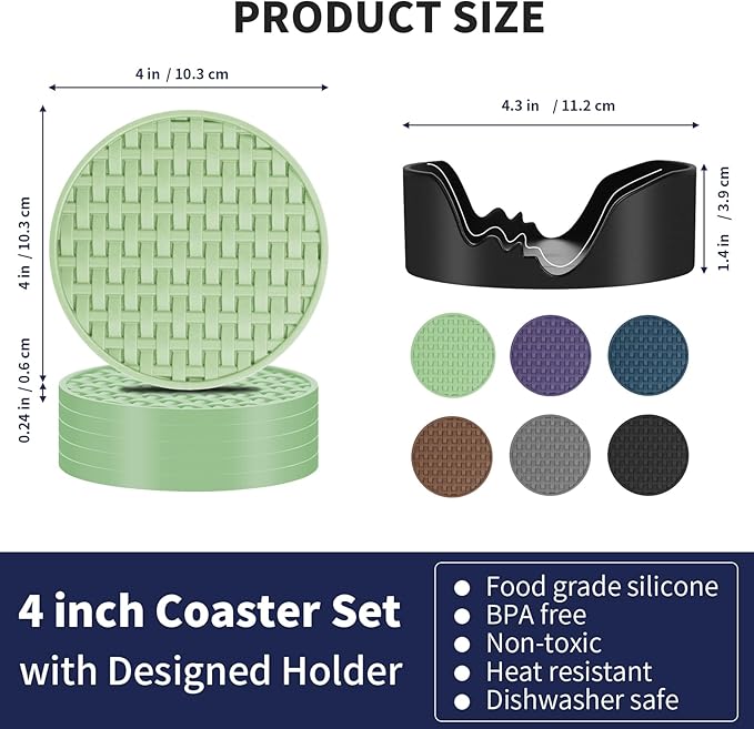 Green Silicone Drink Coasters Set of 6 with Holder, 4 Inch Round Non-Slip Heat-Resistant & Waterproof Cup Mats, Decorative Coasters for Coffee Table, Home, Kitchen, Office, Bar & Desk