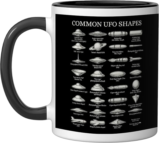 Common UFO Shapes Vintage Chart Alien Flying Saucer Ceramic Mug, Black/White