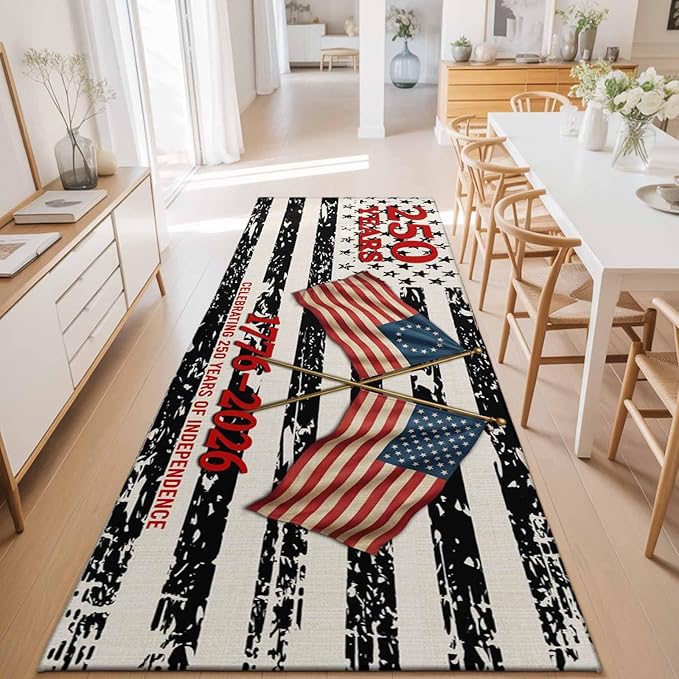 Runner Rug for Bedroom Hallway, Independence Day 250th Anniversary Kitchen Runner Rugs Area Rug 2x6ft, Retro USA Flags Washable Soft Floor Carpet for Entryway Stair