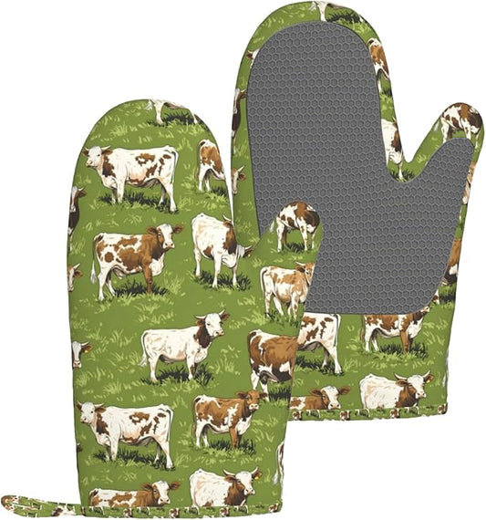 Farm Cow Silicone Oven Mitts Set of 2, Heat Resistant up to 500°F, Kitchen Oven Gloves with Non-Slip Grip and Soft Cotton Lining for Baking, Cooking and BBQ