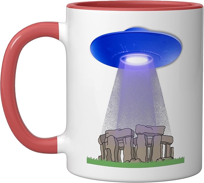 Funny UFO Stonehenge mystery stone circle flying saucer Ceramic Mug, Red/White