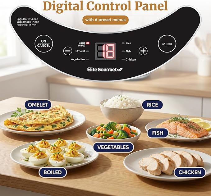Elite Gourmet EGC314CB Digital Easy Egg Cooker Food Steamer, Poacher, Omelet, Soft, Medium, Hard-Boiled Egg with 6 Programmed Preset Functions, 2-Tiers, Measuring Cup, 14 egg capacity, Black