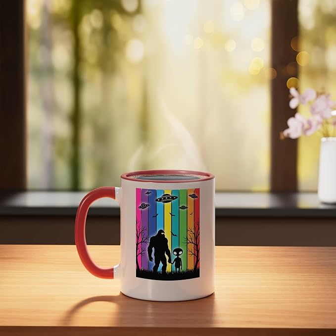 Bigfoot Holding Hands With Alien Ufo Rainbow Sci Fi Ceramic Mug, Red/White