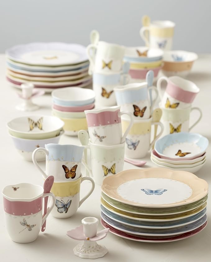 Lenox Dessert Plate Set, Lenox Butterfly Meadow Collection 4-Piece Dessert Porcelain Plates Set, Service For 4, Dishwasher & Microwavable Plate, Small Plates, 8 x 8-Inch, Spring Dishes (4 Piece)