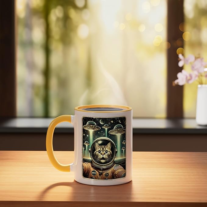 Space Cat Astronaut Funny UFO Sci-fi Alien Selfie Ceramic Mug, Yellow/White