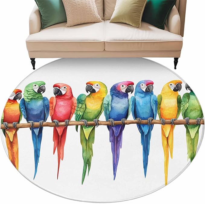 Washable Round Area Rug Funny Watercolor Parrot Circle Rugs Floor Carpet for Living Room Bedroom, Red Green Blue Gradient Bird Soft Non Slip Round Rug 5ft