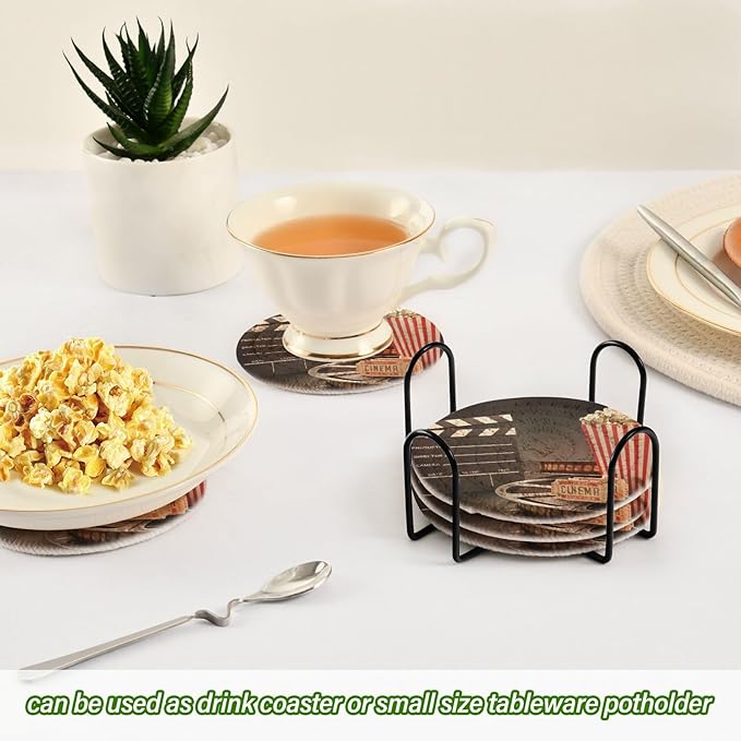 YETTASBIN Movie Theater Popcorn 6 Pcs Drink Coasters with Holder, Cotton Woven Absorbent Heat-Resistant Round Coaster Non-Slip Table Mat for Kitchen Bar Home Decor Housewarming Gift, 3.9 in
