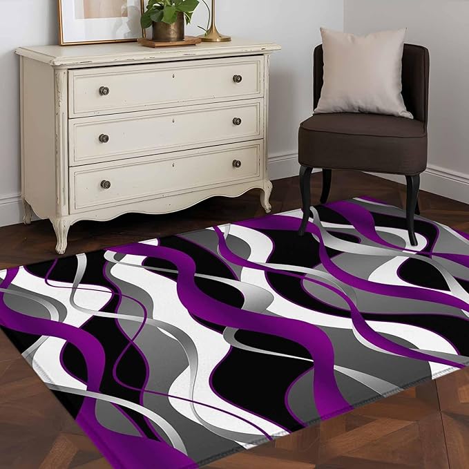 Area Rug 4x6ft, Abstract Purple Gray Black White Stripes Washable Rugs for Living Room Bedroom, Modern Lines Soft Non-Slip Area Rugs Rectangle Floor Carpet for Dining Room