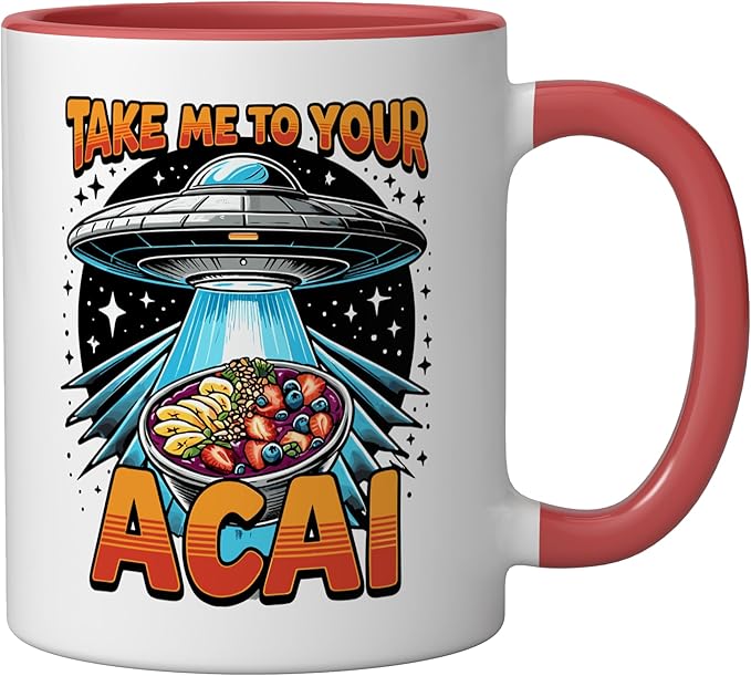 Take Me to Your Acai UFO Abduction Berry Fruit Funny Acai Ceramic Mug, Red/White