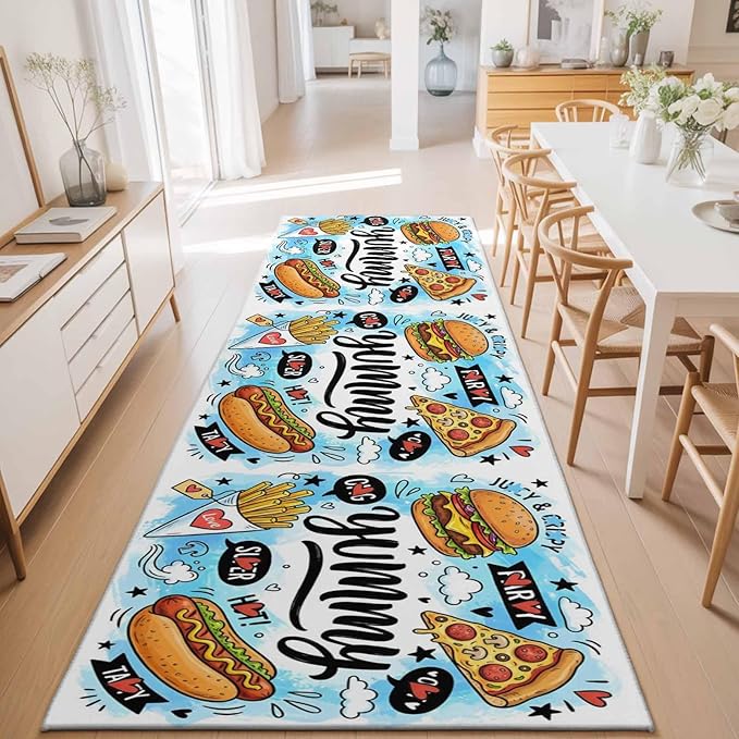 Runner Rug for Bedroom Hallway, Cartoon Food Abstract Graffiti Kitchen Runner Rugs Area Rug 2x6ft, Blue Sky with Clouds Washable Soft Floor Carpet for Entryway Stair