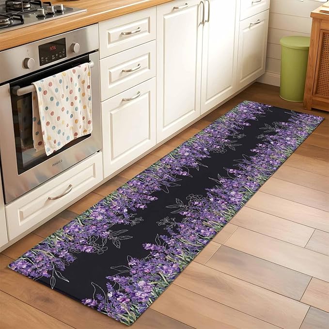 Runner Rug for Bedroom Hallway, Spring Purple Lavender Flower Kitchen Runner Rugs Area Rug 2x6ft, Watercolor Floral on Black Washable Soft Floor Carpet for Entryway Stair