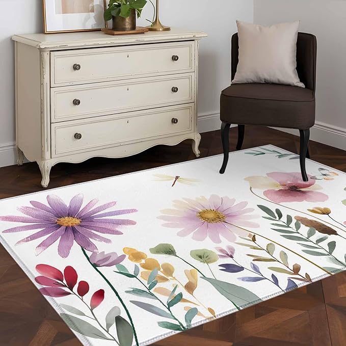 Area Rug 4x6ft, Country Field Purple Flowers Washable Rugs for Living Room Bedroom, Farm Floral Art Soft Non-Slip Area Rugs Rectangle Floor Carpet for Dining Room