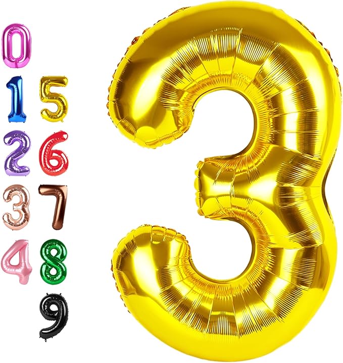 40 Inch Number Balloons 3, Three Gold Happy Birthday Balloons for Girls Boys Babies, Number Balloons for 3 13 23 30 Wedding Bridal Shower Anniversaries Party