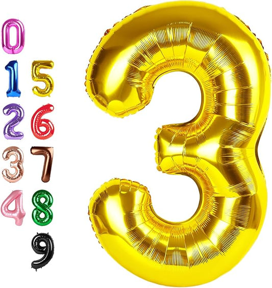 40 Inch Number Balloons 3, Three Gold Happy Birthday Balloons for Girls Boys Babies, Number Balloons for 3 13 23 30 Wedding Bridal Shower Anniversaries Party