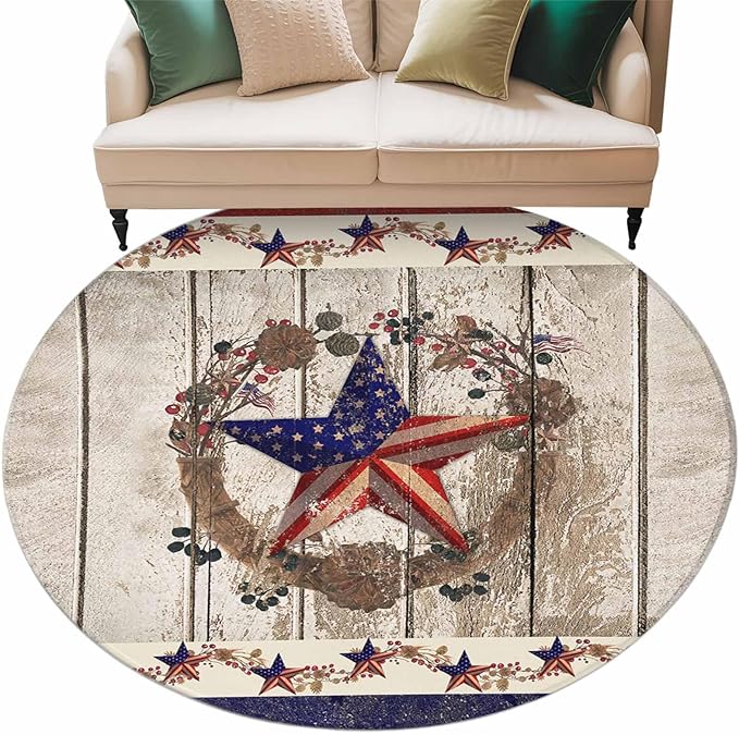 Washable Round Area Rug Retro USA Flag Star and Berry Circle Rugs Floor Carpet for Living Room Bedroom, Wooden Texture Soft Non Slip Round Rug 5ft