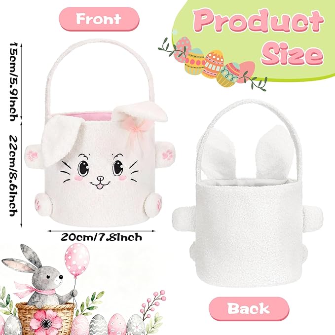 Mimorou 3 Pack Easter Basket Soft Plush Bunny Sherpa Personalized Bucket with Rabbit Ears Decorative Bow Large Bunny Tote Bags Ideal for Egg Hunt, Party Favors(White)