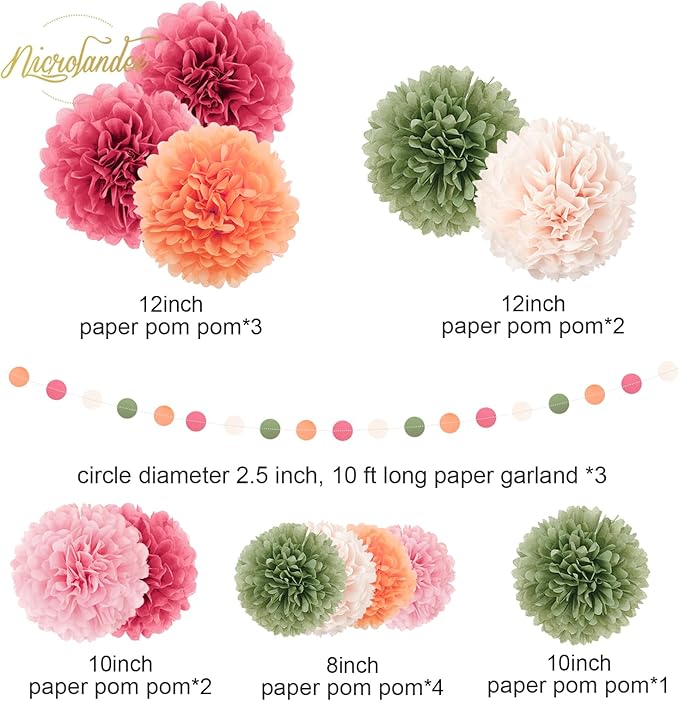 NICROLANDEE Wedding Party Decorations - 15Pcs Pink, Sage Green, Ivory Tissue Paper Pom Pom for Birthday Pastel Decorations, Engagement Baby/Bridal Shower Anniversary Valentine Dot Paper Backdrop Decor