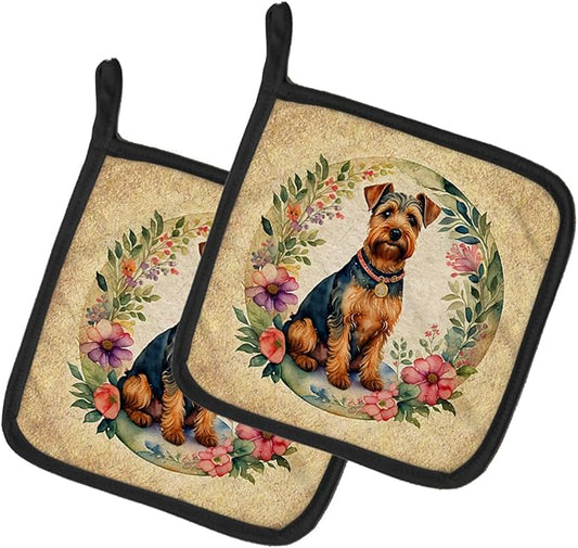 Caroline's Treasures Welsh Terrier and Flowers Pair of Pot Holders Kitchen Heat Resistant Pot Holders Sets Oven Hot Pads for Cooking Baking BBQ, 7 1/2 x 7 1/2