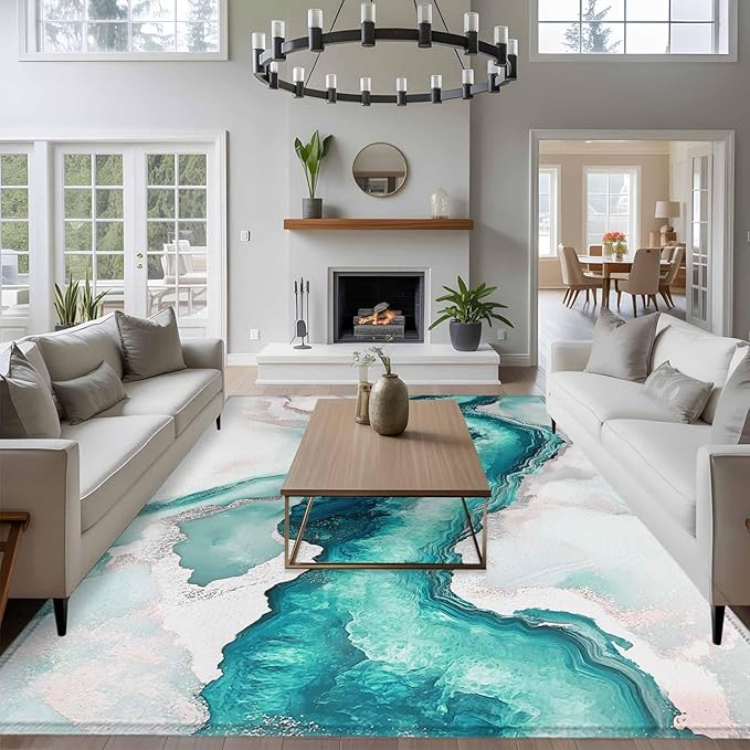 Area Rug 6x9ft, Abstract Blue Marble Texture Washable Rugs for Living Room Bedroom, Modern Luxury Pattern Soft Non-Slip Area Rugs Rectangle Floor Carpet for Dining Room